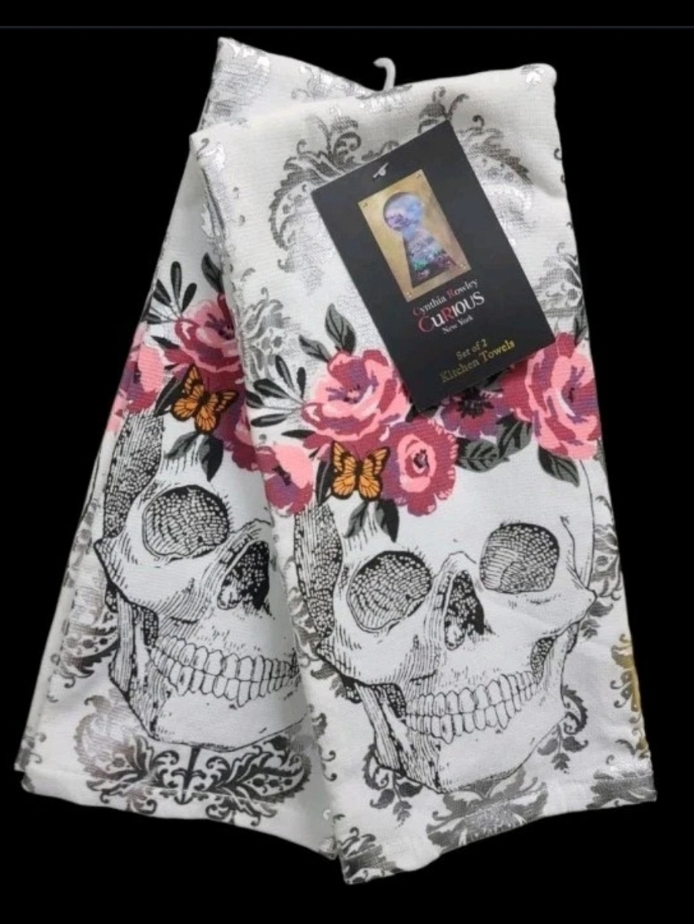 x2 Rowley Sugar Skull Butterfly Day Of Dead Halloween Metallic Kitchen Towel Set